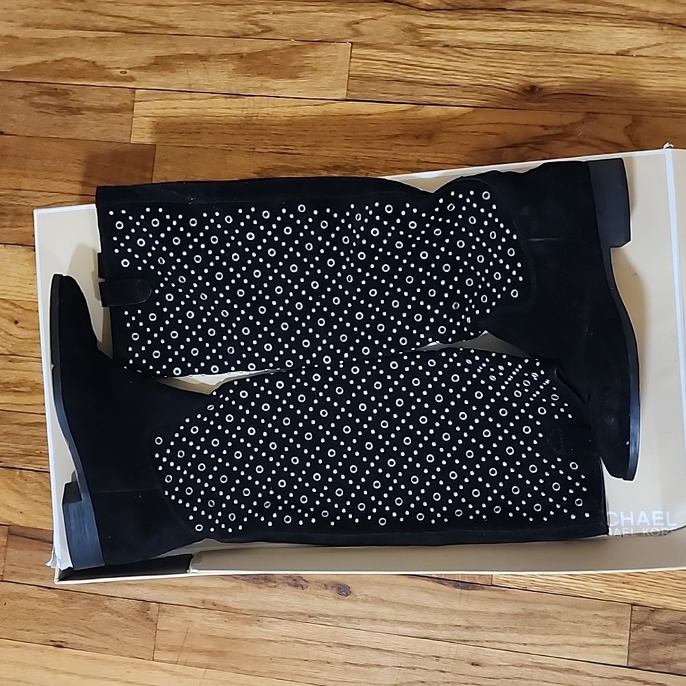 Black Suede Knee-High Boots with Eyelet Design
